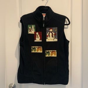 Danskin Now Womens Medium 8/10 Black Fleece Vest Snowman Stitching Winter
